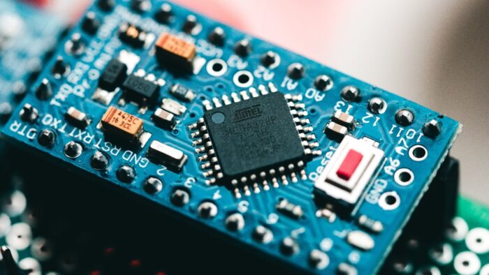 Microchip on an intricate circuit board